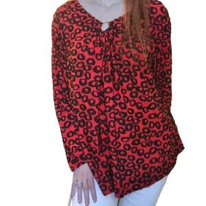 Ruby Rd Woman Red Black Textured‎ Circle Print Keyhole Ring Blouse 1X New w tags